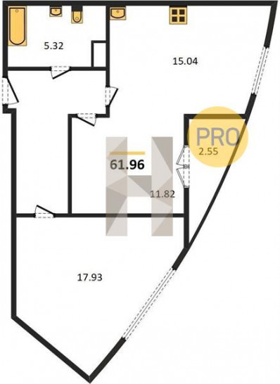 Двухкомнатная квартира 61.96 м²