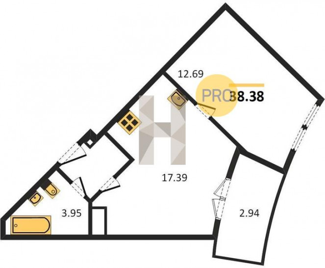 Однокомнатная квартира 38.38 м²