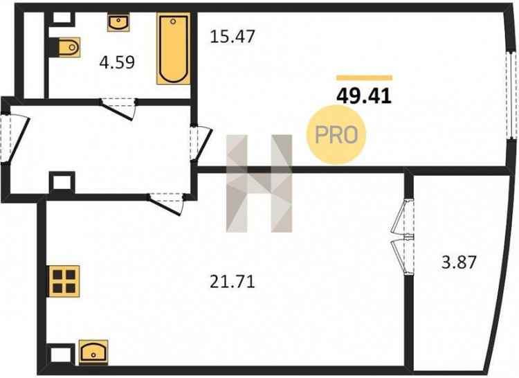 Однокомнатная квартира 49.41 м²