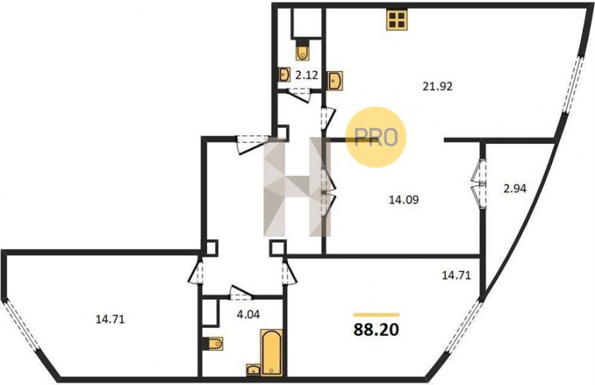 Трёхкомнатная квартира 88.2 м²