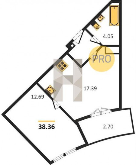 Однокомнатная квартира 38.36 м²
