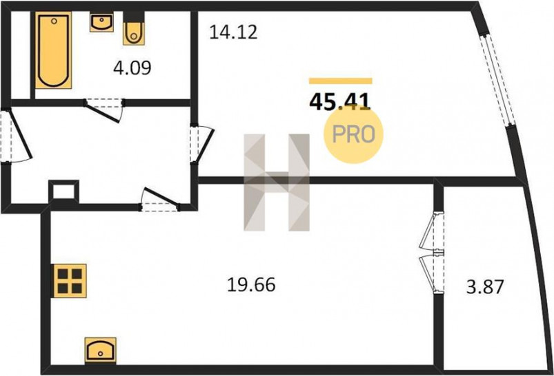 Однокомнатная квартира 45.41 м²