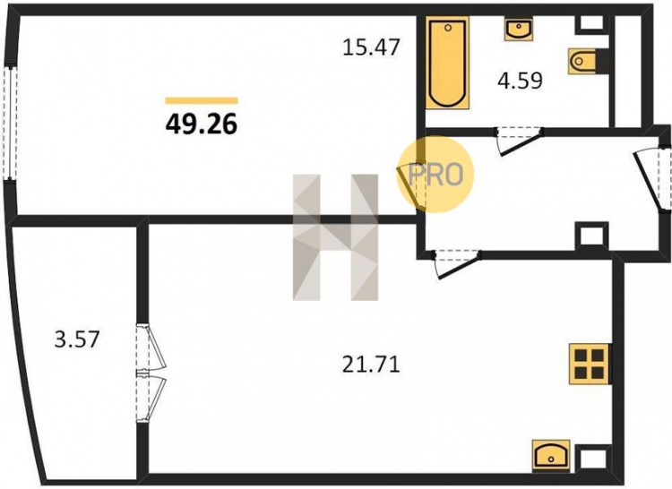 Однокомнатная квартира 49.26 м²