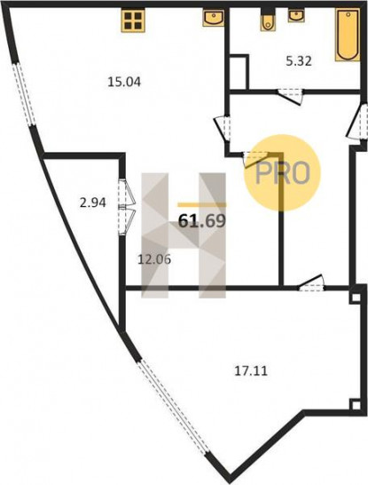 Двухкомнатная квартира 61.69 м²