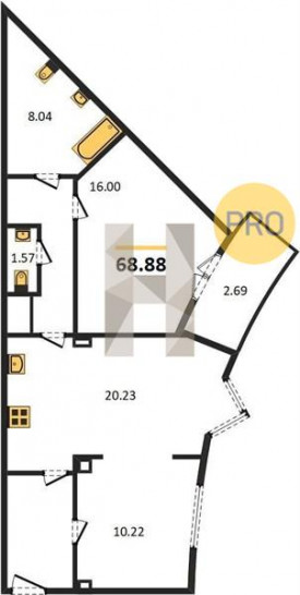 Двухкомнатная квартира 68.88 м²