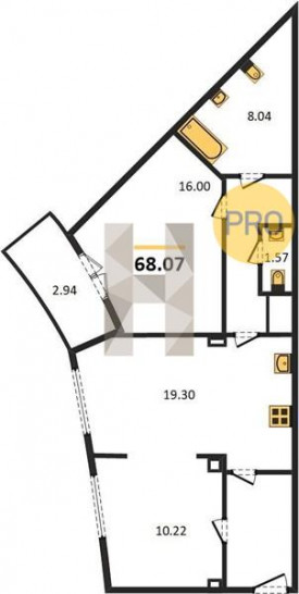 Двухкомнатная квартира 68.07 м²