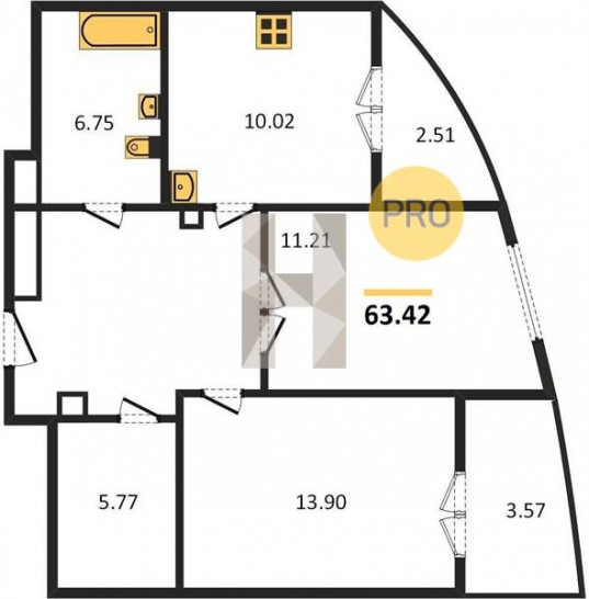 Двухкомнатная квартира 63.42 м²