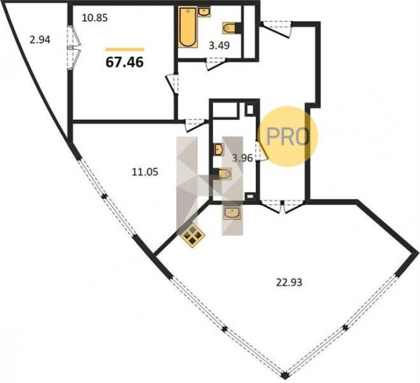 Двухкомнатная квартира 67.46 м²