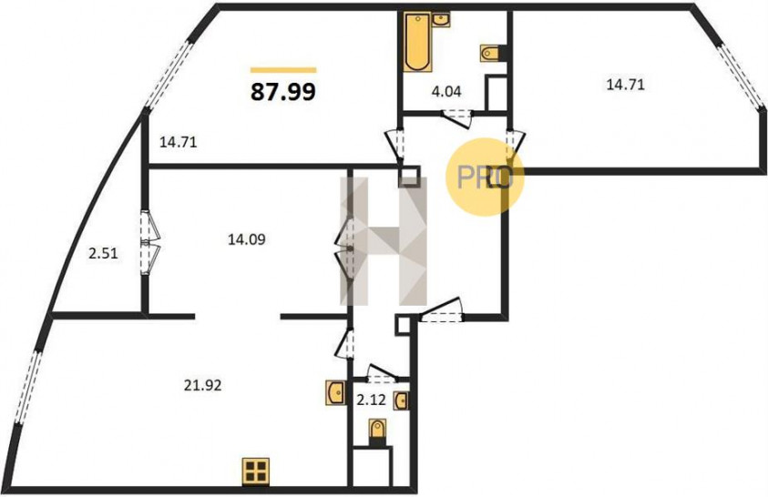 Трёхкомнатная квартира 87.99 м²