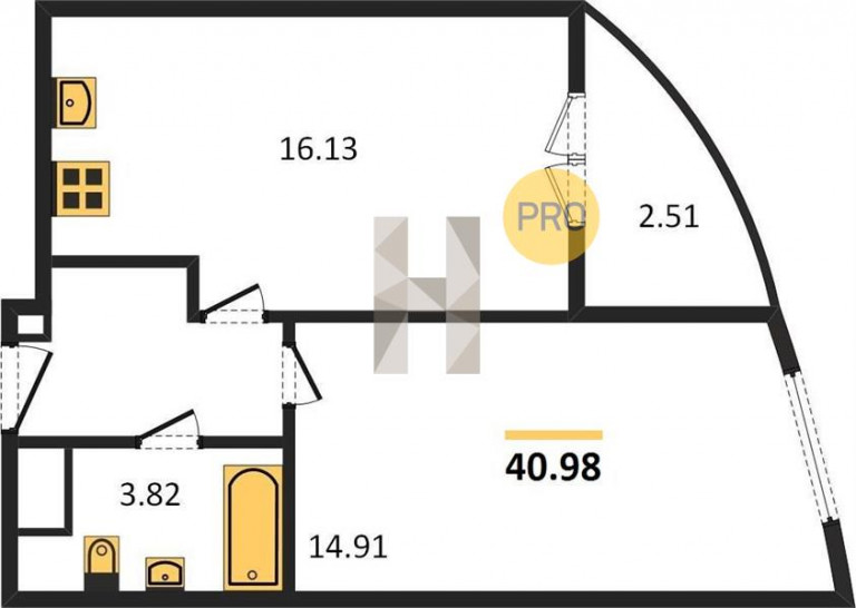 Однокомнатная квартира 40.98 м²