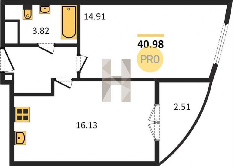 Однокомнатная квартира 40.98 м²