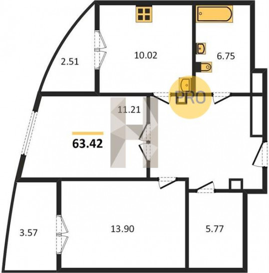Двухкомнатная квартира 63.42 м²