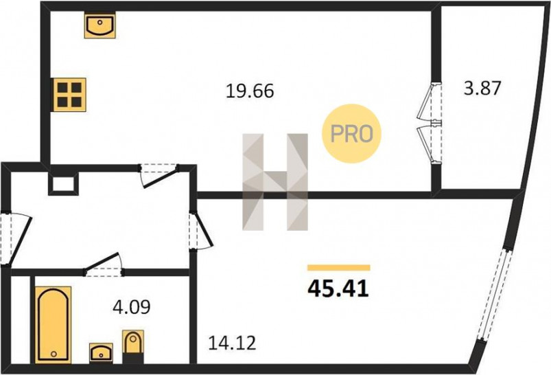Однокомнатная квартира 45.41 м²