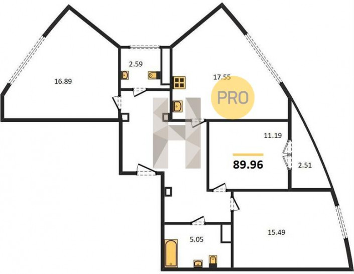 Трёхкомнатная квартира 89.96 м²