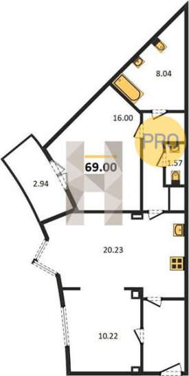 Двухкомнатная квартира 69 м²
