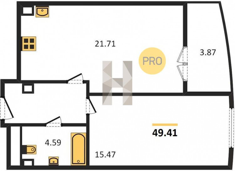 Однокомнатная квартира 49.41 м²