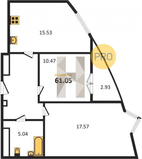 Двухкомнатная квартира 61.05 м²