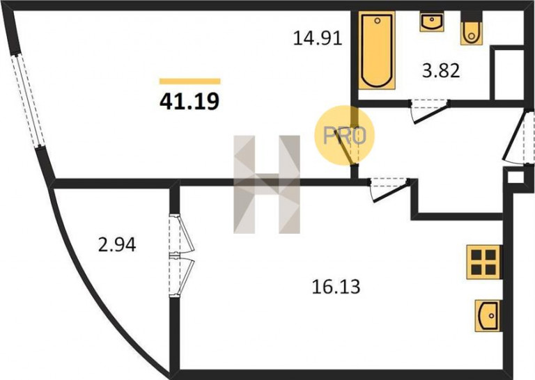 Однокомнатная квартира 41.19 м²