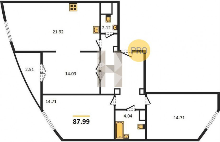 Трёхкомнатная квартира 87.99 м²