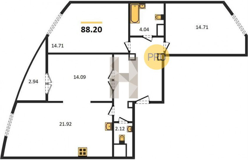 Трёхкомнатная квартира 88.2 м²