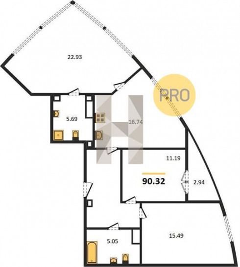 Трёхкомнатная квартира 90.32 м²