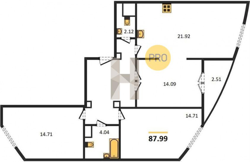 Трёхкомнатная квартира 87.99 м²