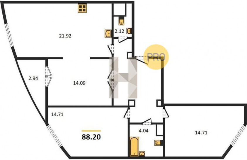 Трёхкомнатная квартира 88.2 м²