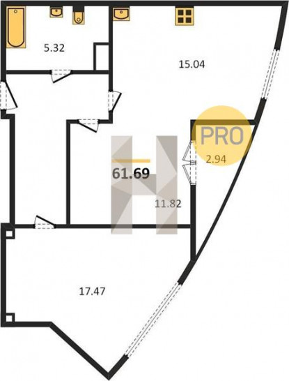 Двухкомнатная квартира 61.69 м²