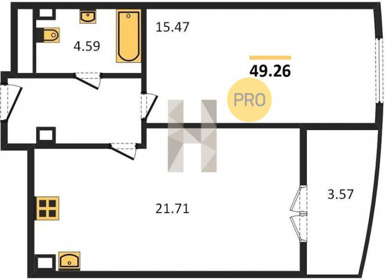 Однокомнатная квартира 49.26 м²