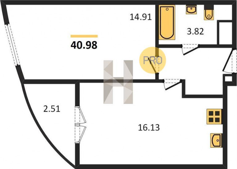 Однокомнатная квартира 40.98 м²