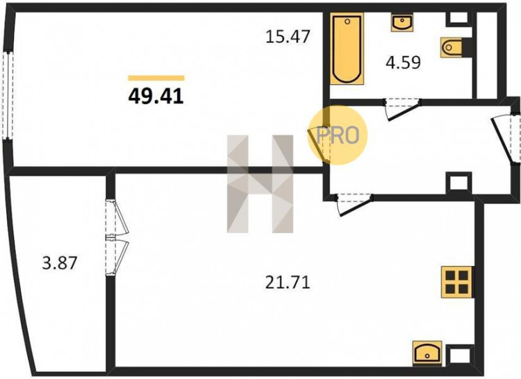 Однокомнатная квартира 49.41 м²