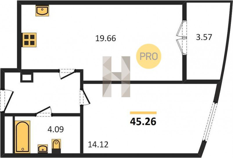 Однокомнатная квартира 45.26 м²