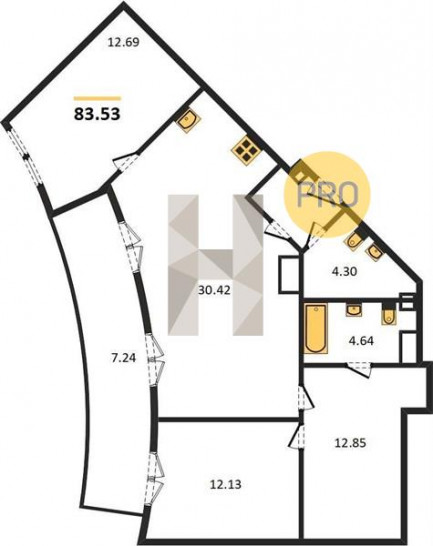 Двухкомнатная квартира 83.53 м²