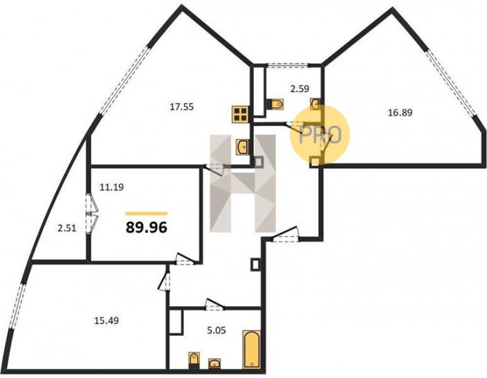 Трёхкомнатная квартира 89.96 м²