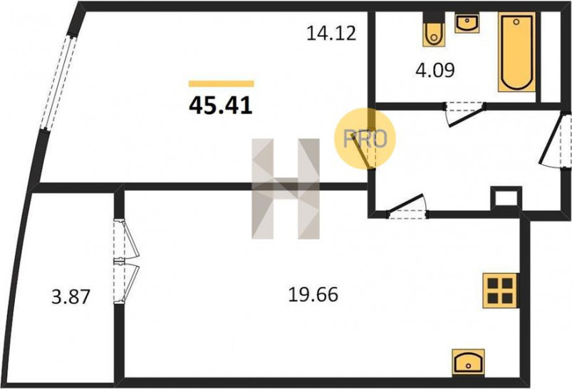 Однокомнатная квартира 45.41 м²