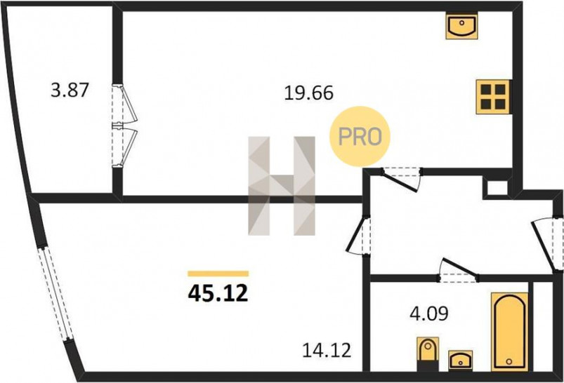 Однокомнатная квартира 45.12 м²