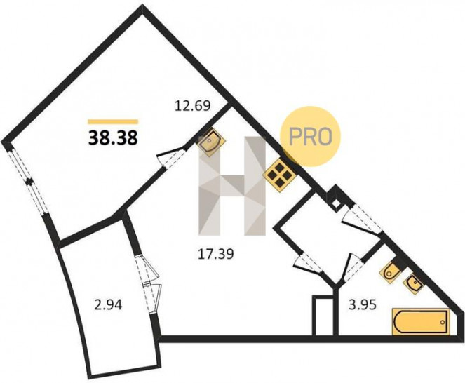 Однокомнатная квартира 38.38 м²