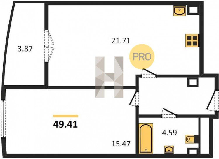 Однокомнатная квартира 49.41 м²