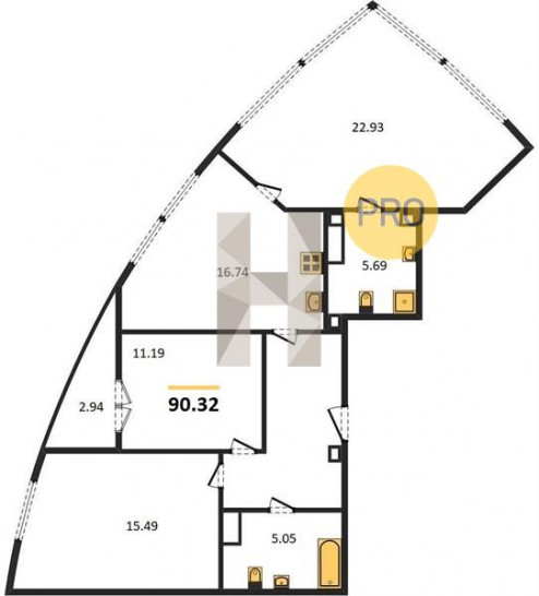 Трёхкомнатная квартира 90.32 м²